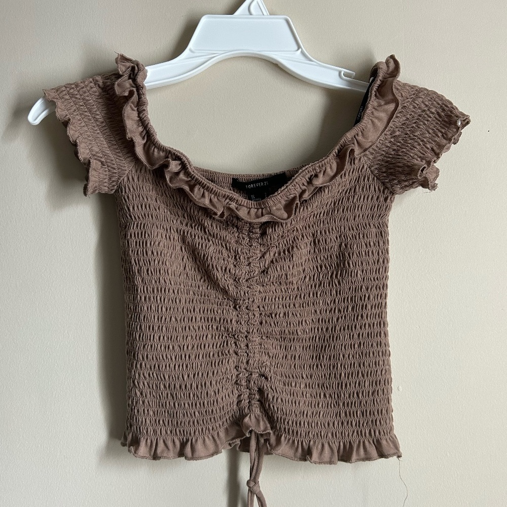 Brown off-the-shoulder blouse